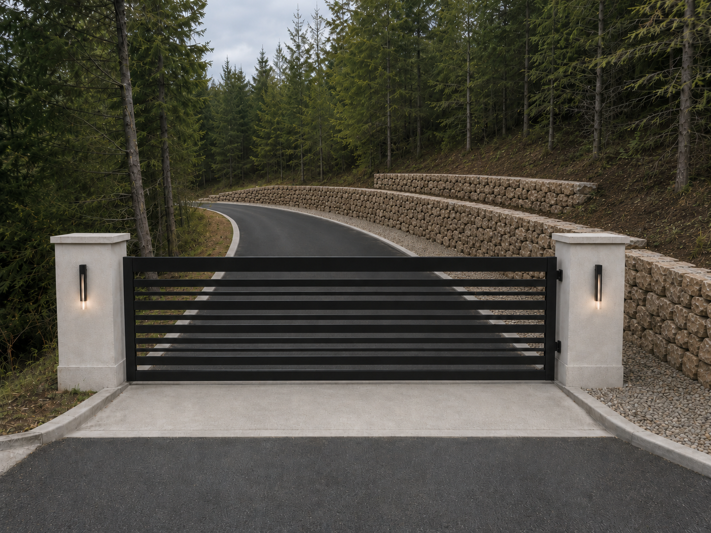 Realistic driveway gate scene example with beams and a wide gate