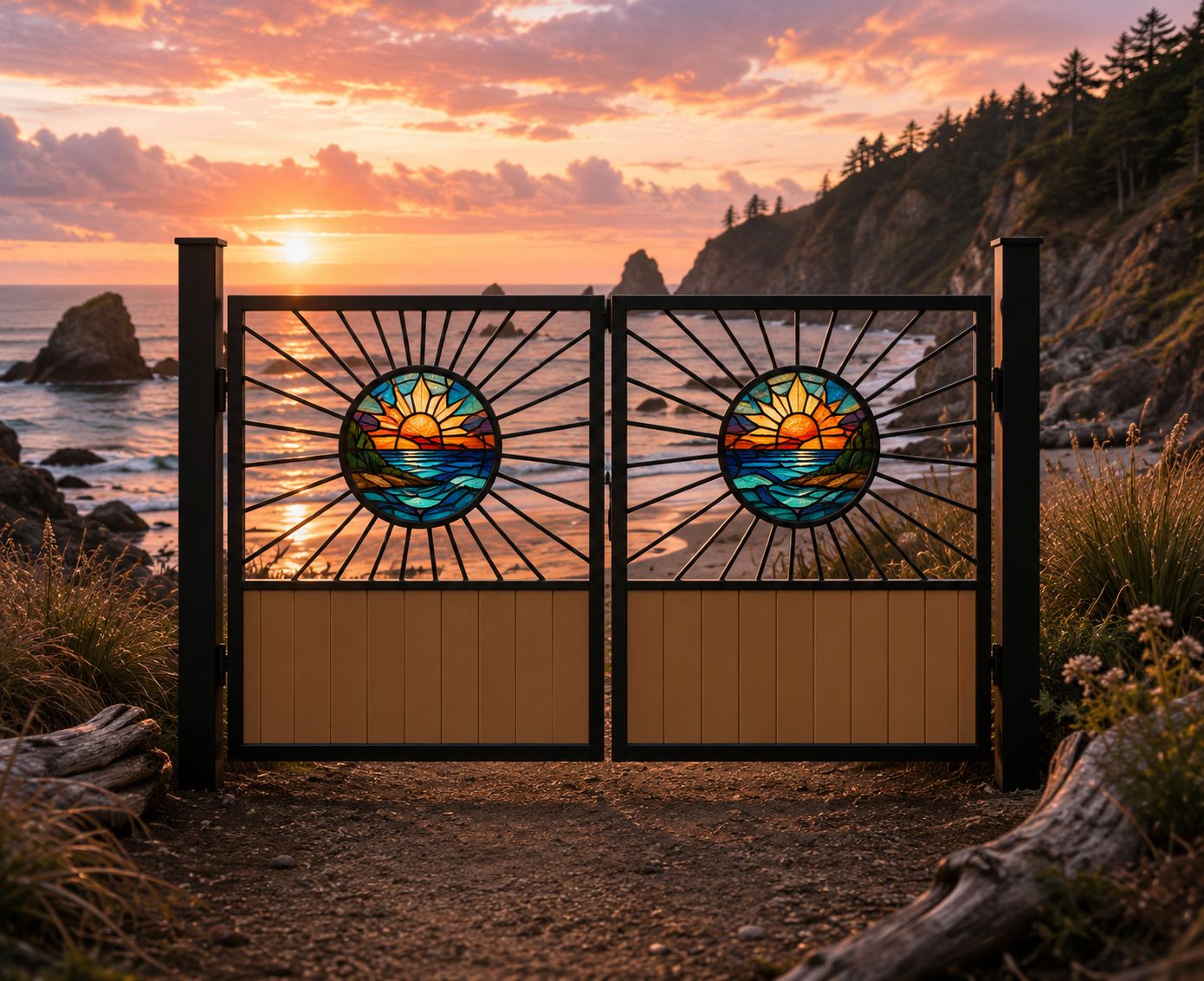 Realistic sun-themed driveway gate scene example